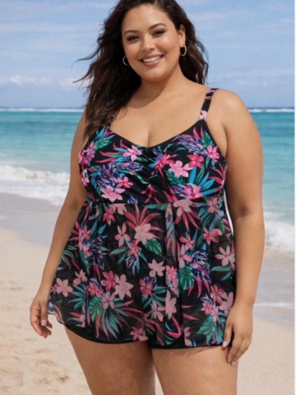 Croft & Barrow Tankini Plus Sz 3X Padded Bra Built-in Top Sheer Floral NWT